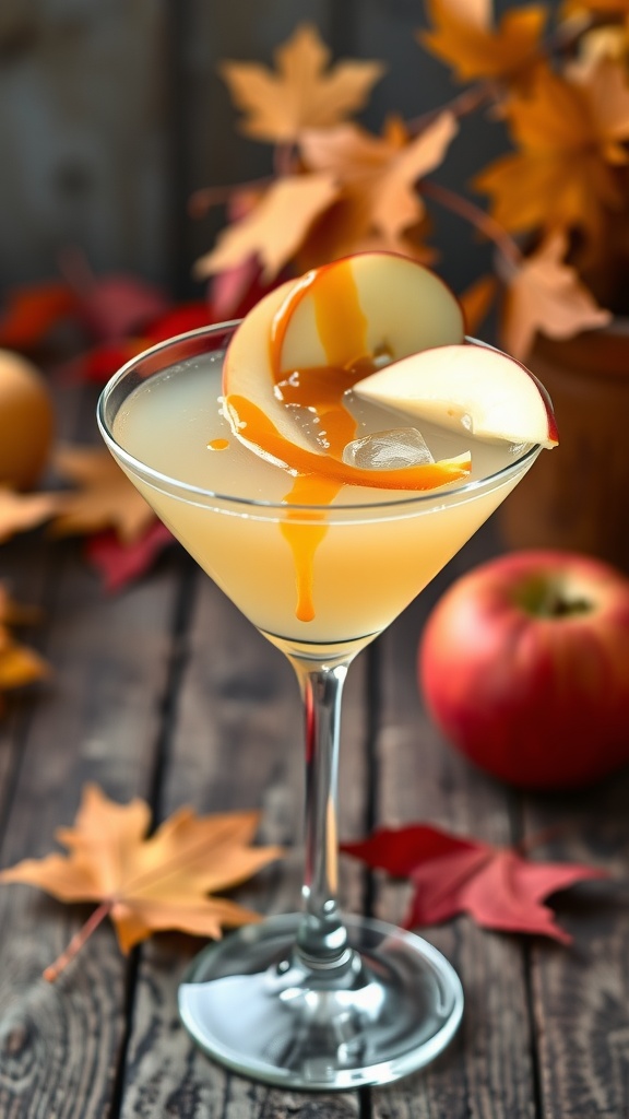 Caramel Apple Vodka Martini garnished with apple slices and caramel sauce, on a wooden table with autumn leaves.